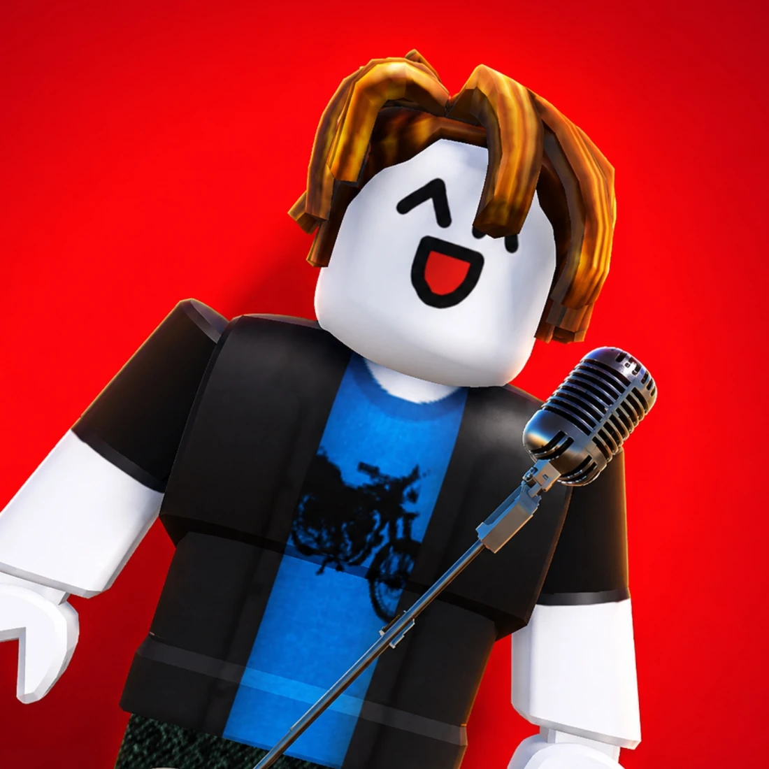 Comedy Show Roblox character laughing beside a microphone against a red background